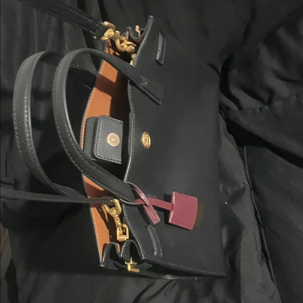 Tory Burch Black Satchel with Burgundy Tag and Gold Hardware